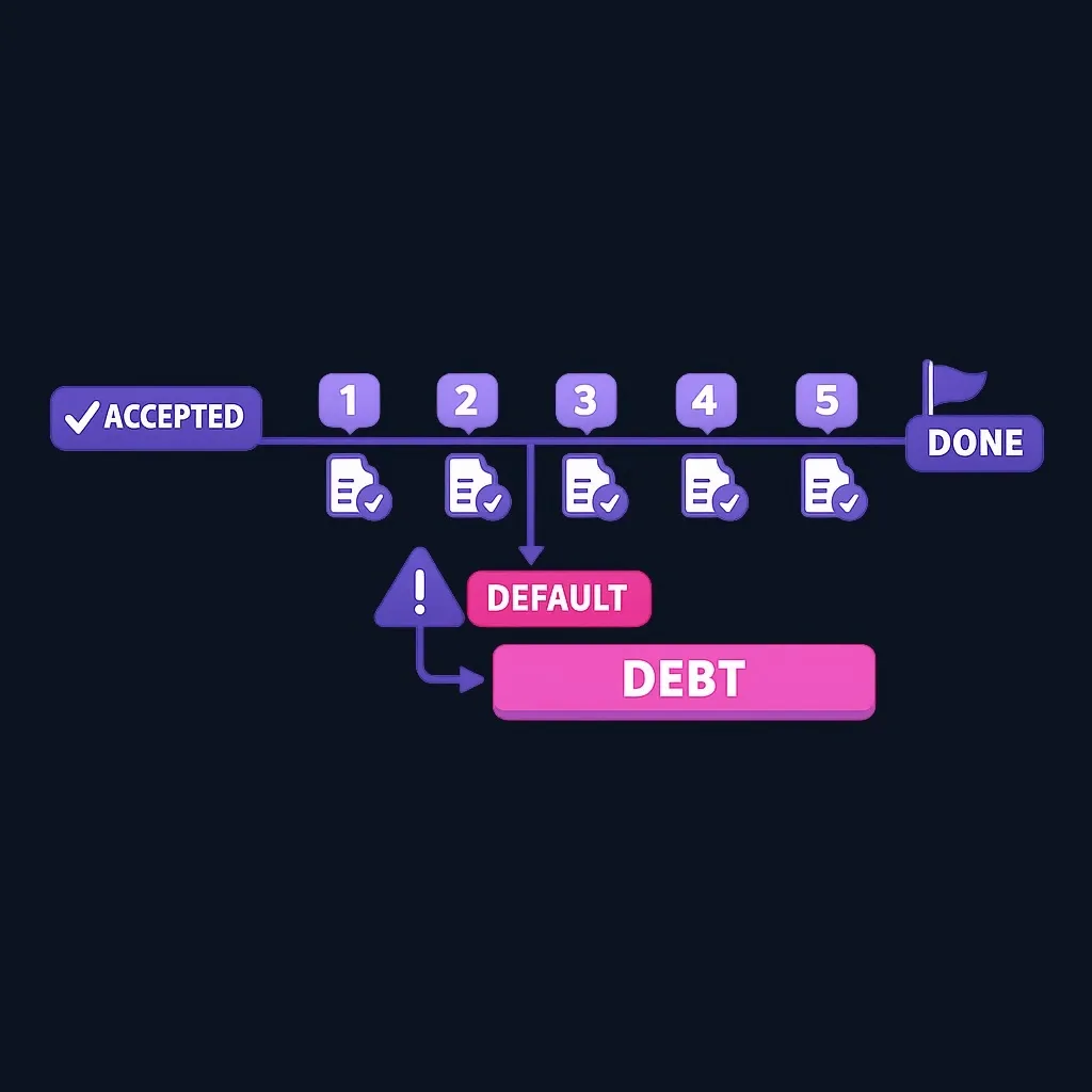 A five-year timeline after an accepted offer, with a branch showing that default brings back the original debt.