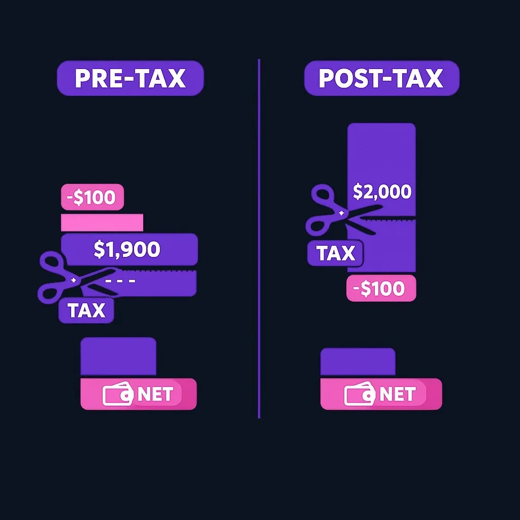 Side-by-side comparison of a $100 pre-tax deduction and a $100 post-tax deduction from $2,000 gross pay