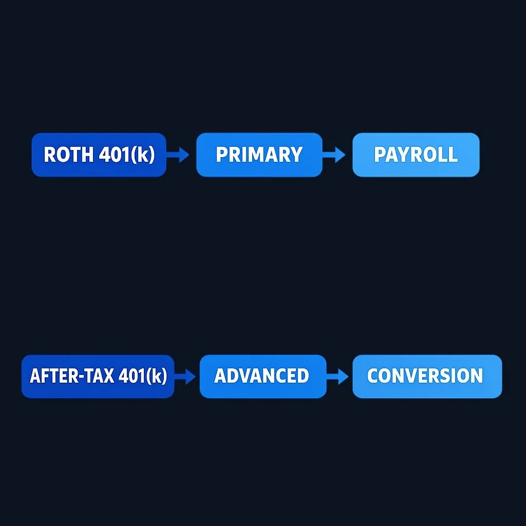 Side-by-side comparison of Roth 401(k) as primary strategy versus after-tax 401(k) as advanced secondary tool