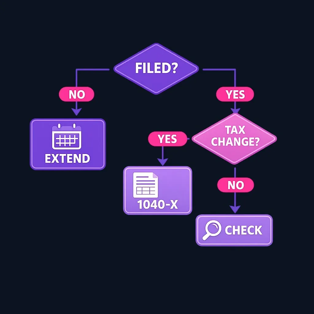 Flowchart deciding between an extension and an amended return based on whether the return was filed