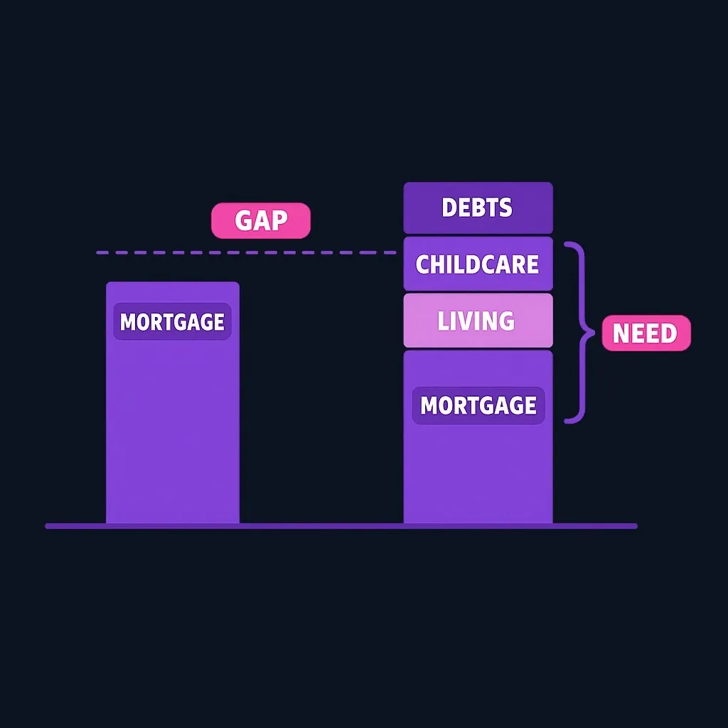 Two bars comparing a mortgage-only amount with a taller total household need made of mortgage, living costs, childcare and debts.
