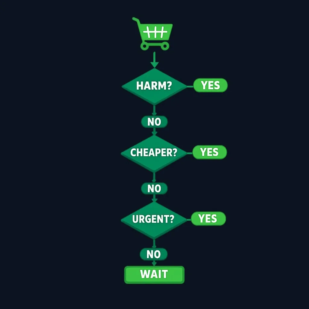 Flowchart with a shopping item passing through purpose, cheaper-option and urgency test gates before being sorted into need or want