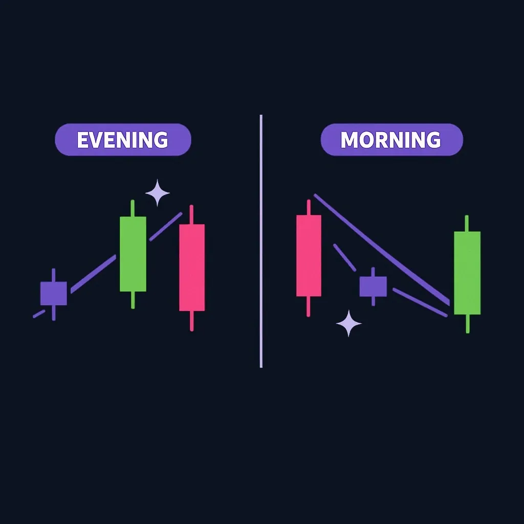 Side-by-side comparison of evening star and morning star patterns