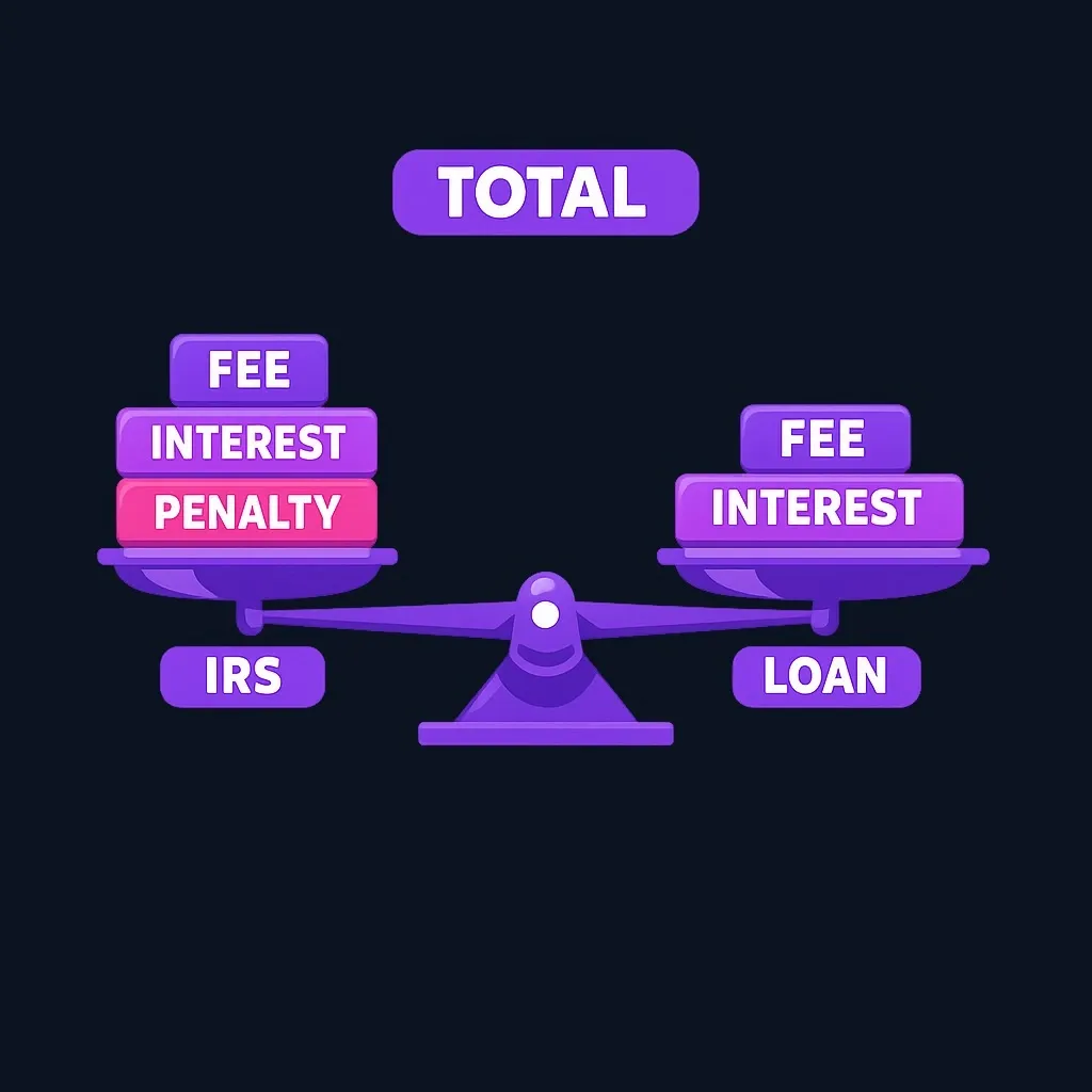 Balance scale comparing total IRS plan costs with total personal loan costs