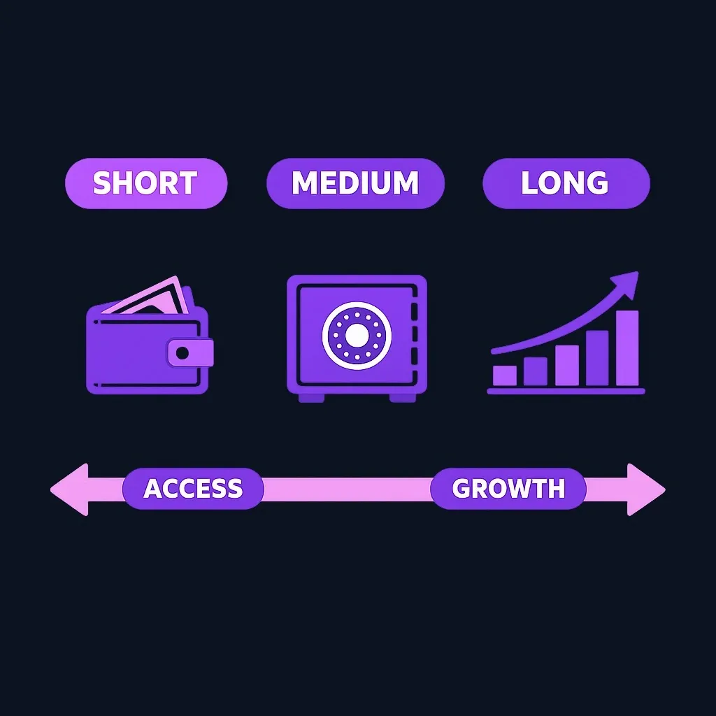 Three-column comparison of short, medium and long-term savings trading access for growth