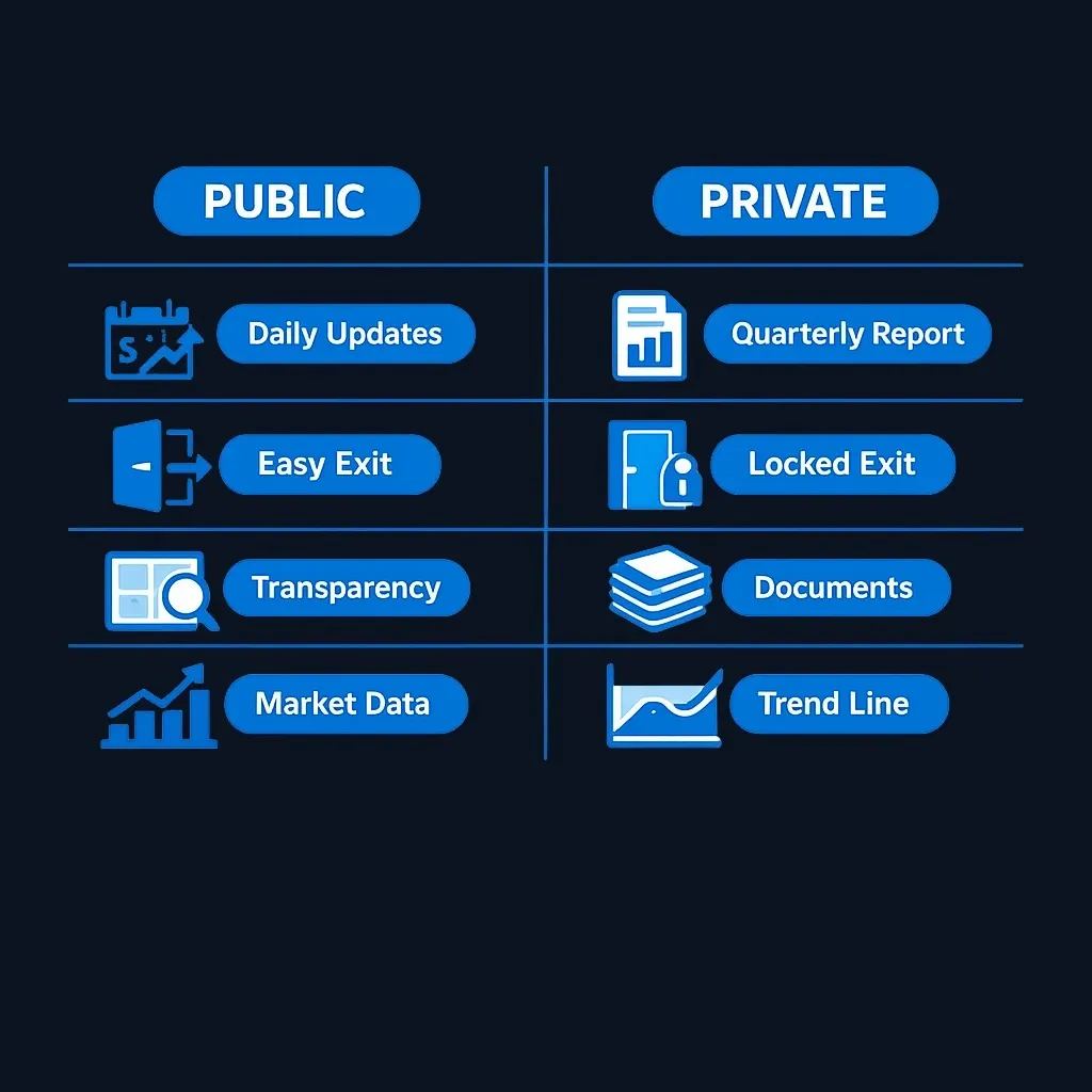 Side-by-side comparison of public versus private REIT characteristics