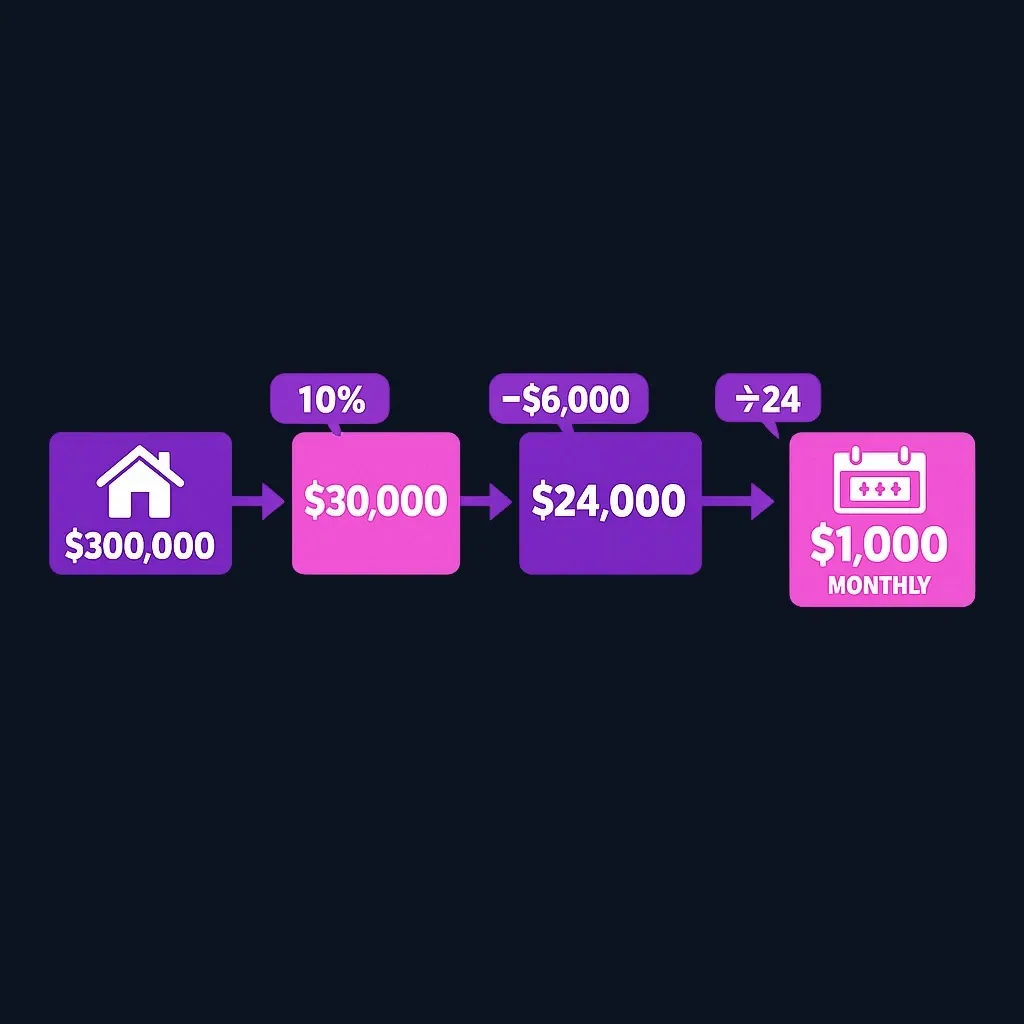 A four-step flow showing a home price turned into a down payment target and then a monthly savings amount.