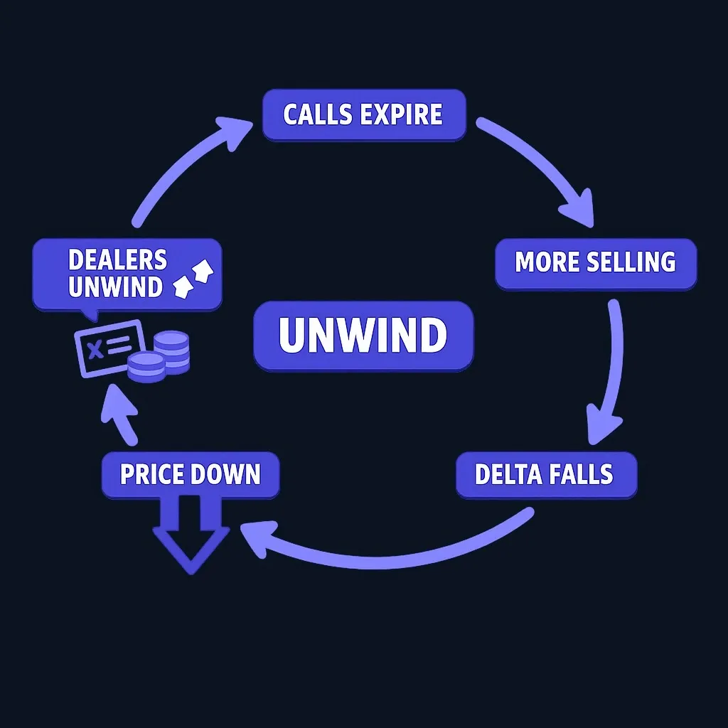 Diagram showing the gamma squeeze unwinding process with reversed hedging flows