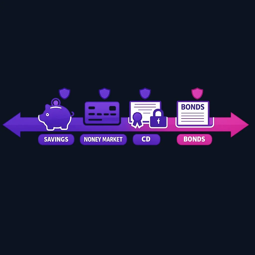 A spectrum placing savings, money market, CD, and bond icons between easy access and higher return.