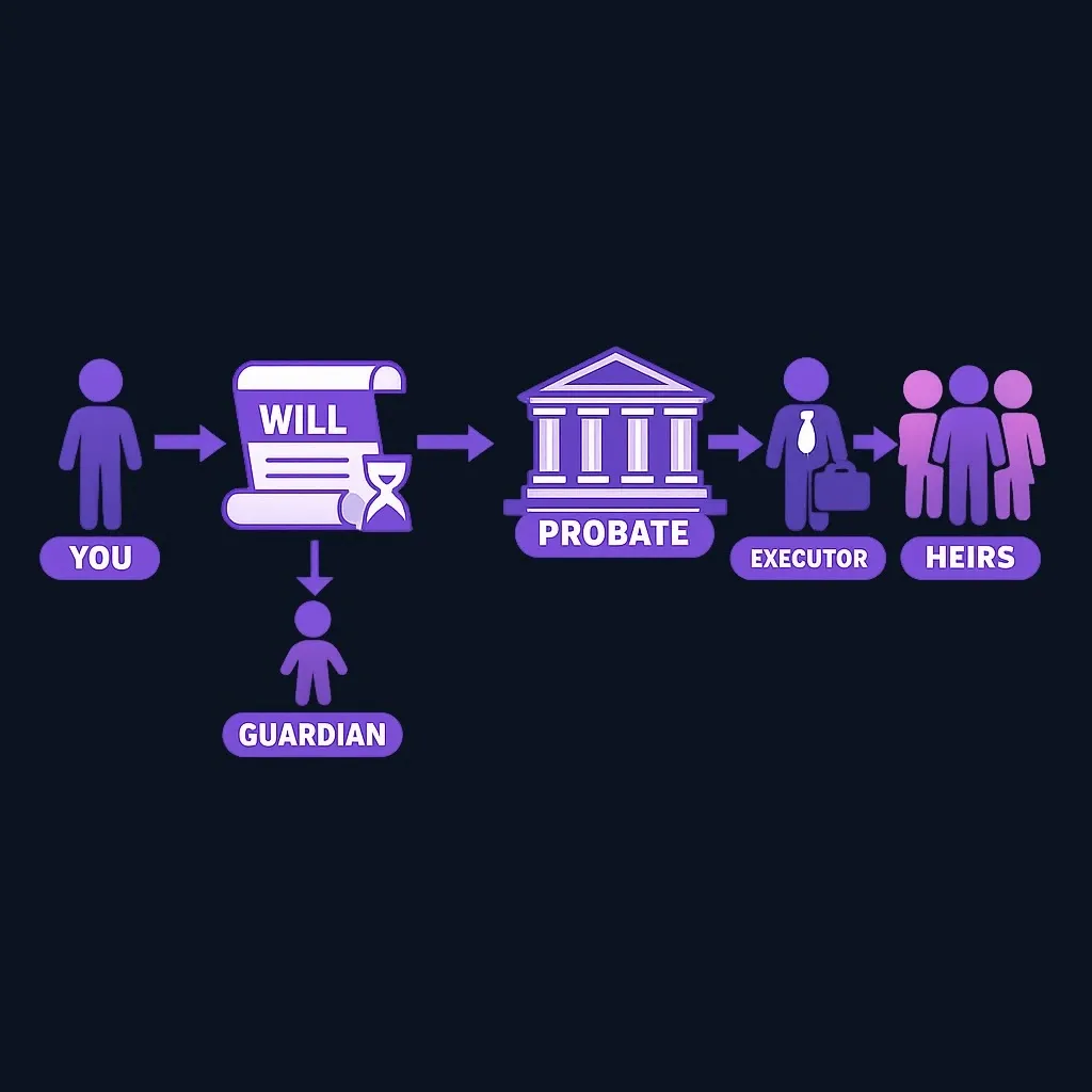 Flow diagram of a will: person, will document, probate court, executor, then heirs, with a branch for guardians