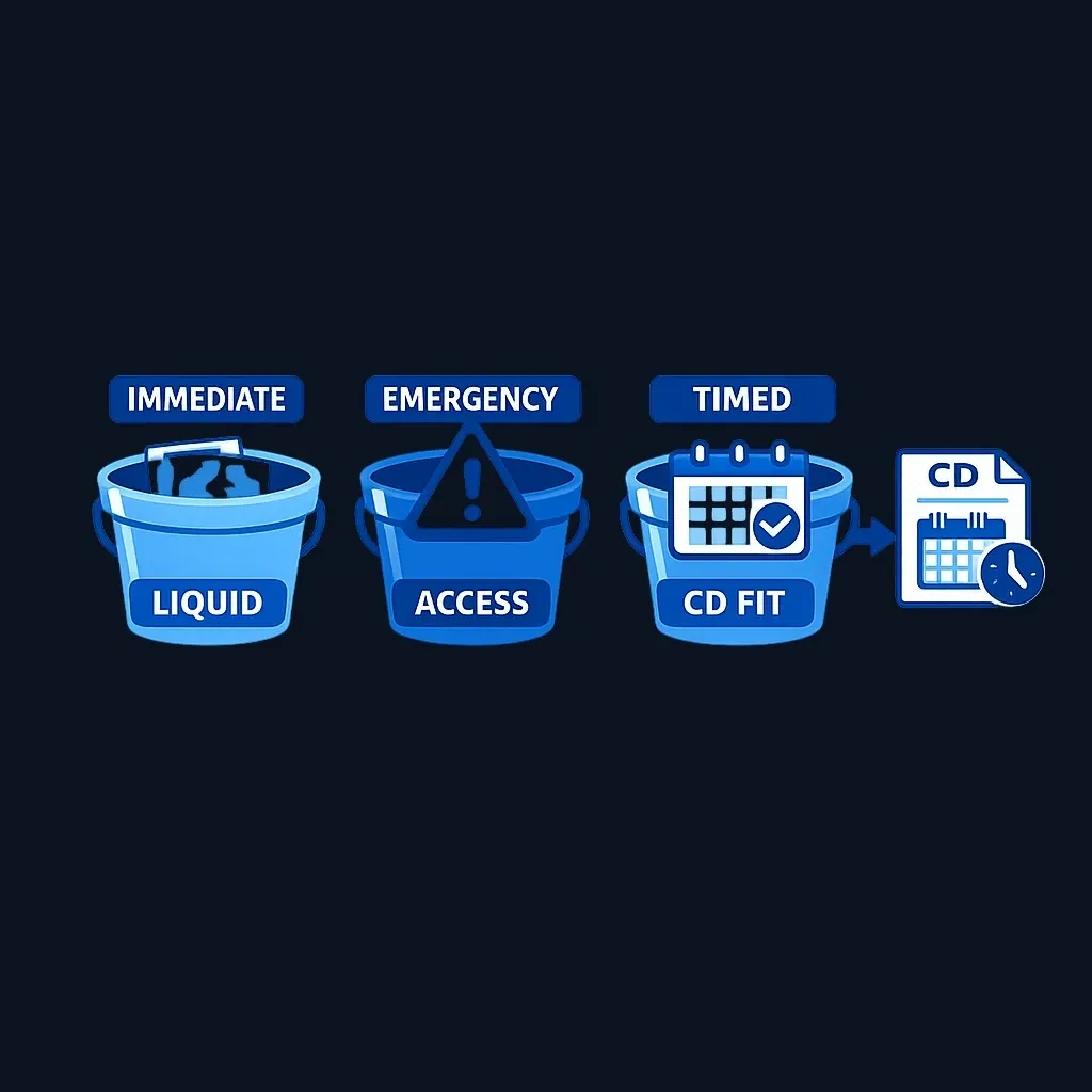 Three-bucket money sorting framework showing which money belongs in CDs