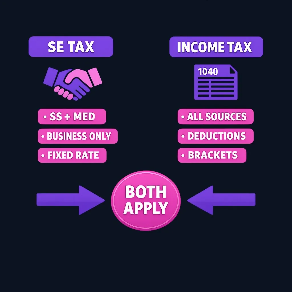 Side-by-side comparison of self-employment tax characteristics versus income tax characteristics