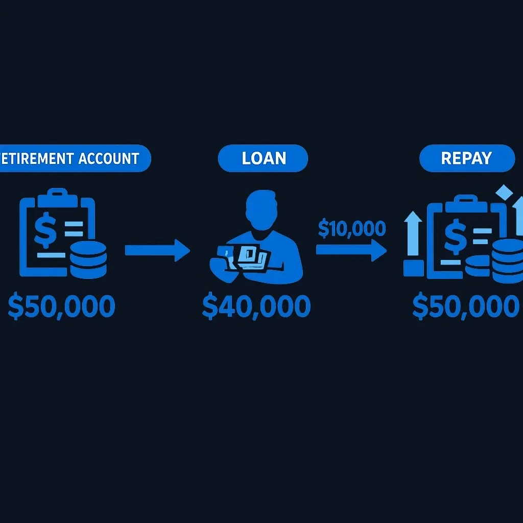 Diagram showing how a $10,000 401(k) loan flows from the account to the borrower and back through repayments