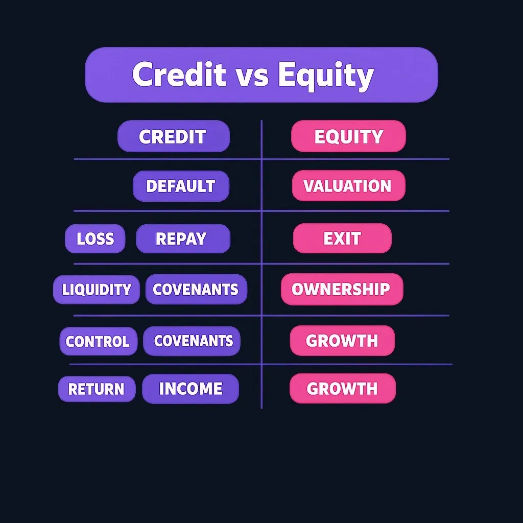 Four-part framework comparing credit vs equity across loss, liquidity, control, and return sources