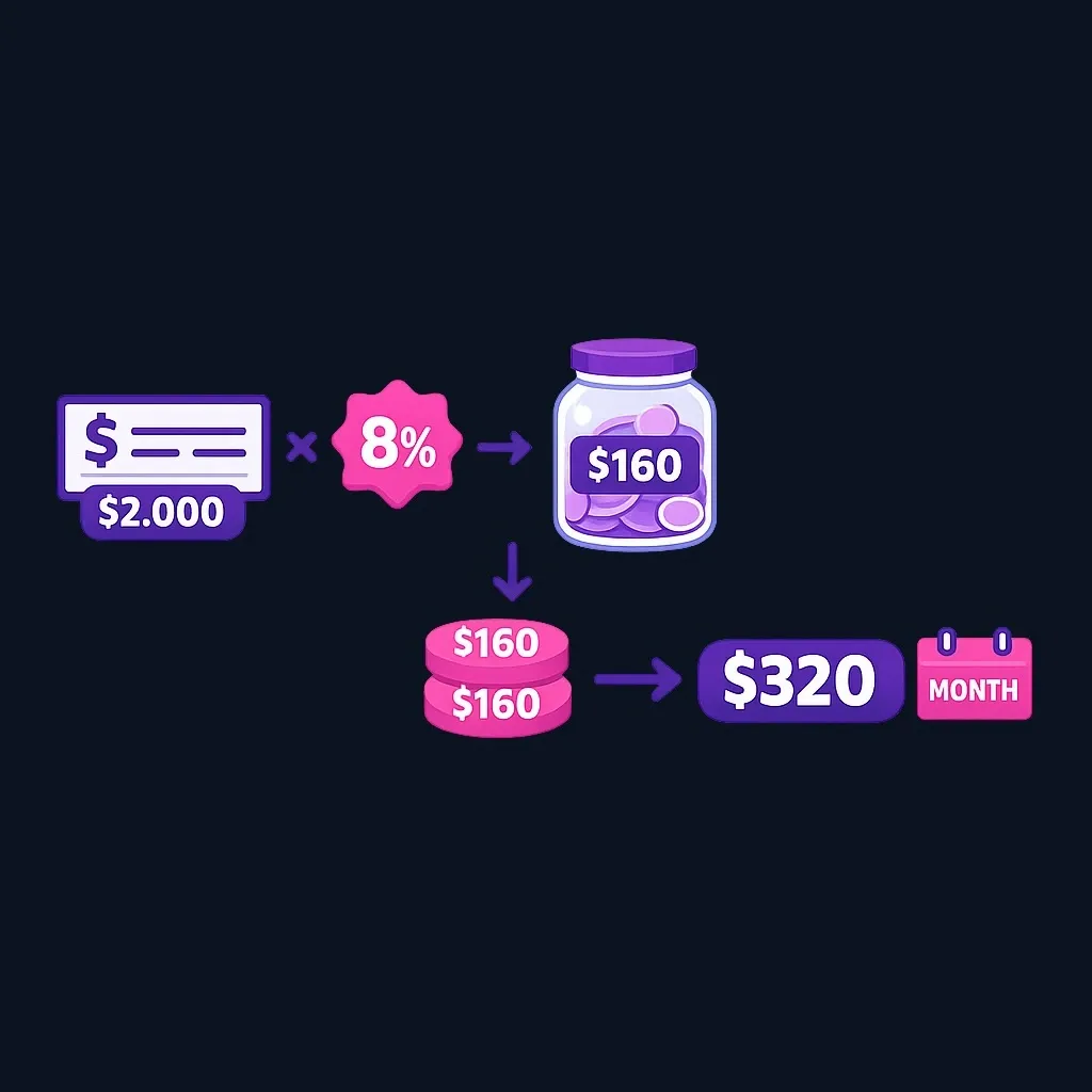 Diagram showing $2,000 paycheck times 8 percent equals $160 saved per paycheck, $320 per month