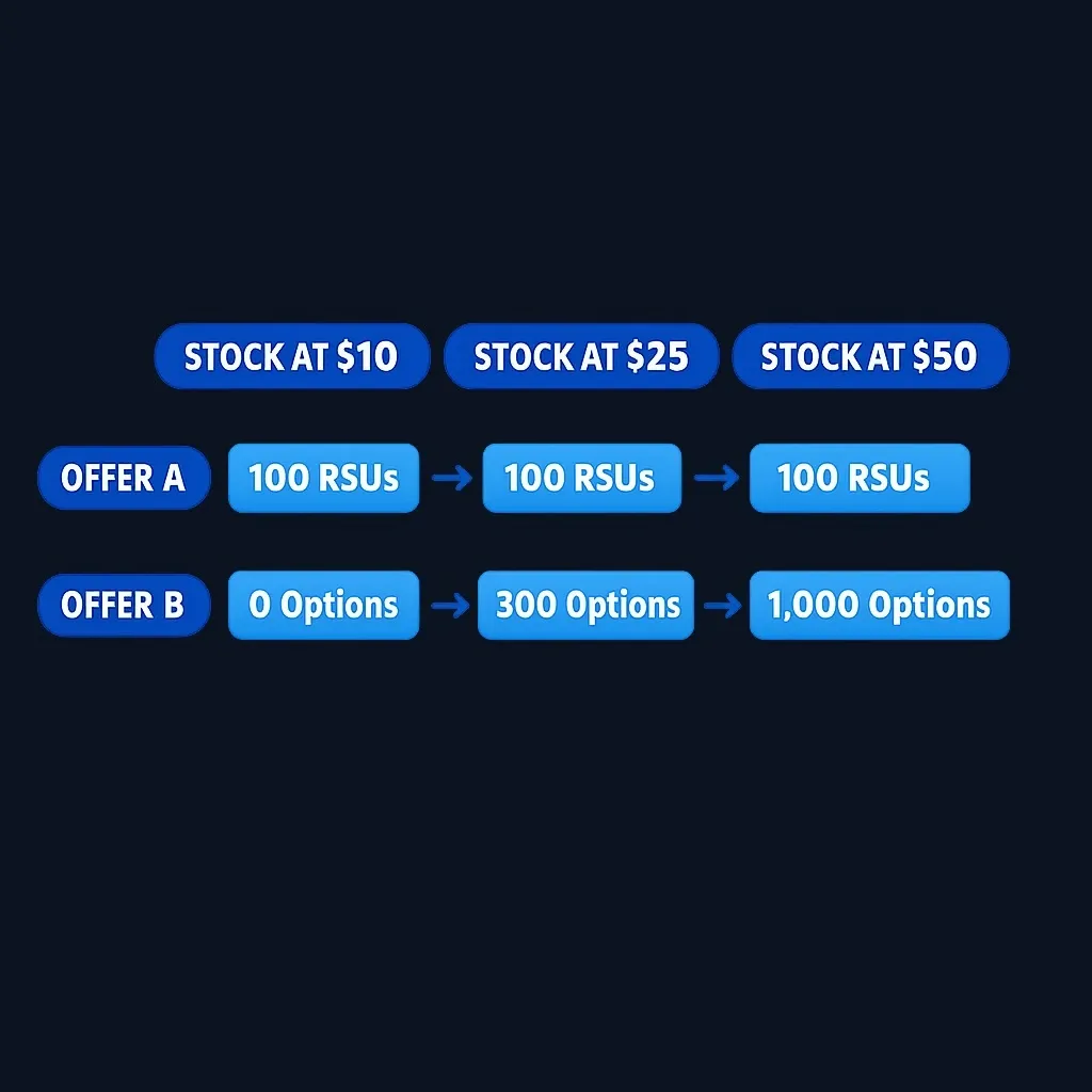 Comparison of two job offers showing options versus RSUs under different stock price scenarios