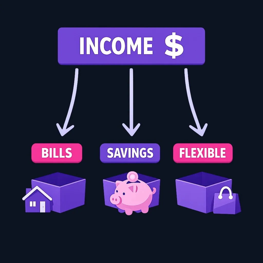 Flow diagram of income splitting into bills, savings, and flexible spending