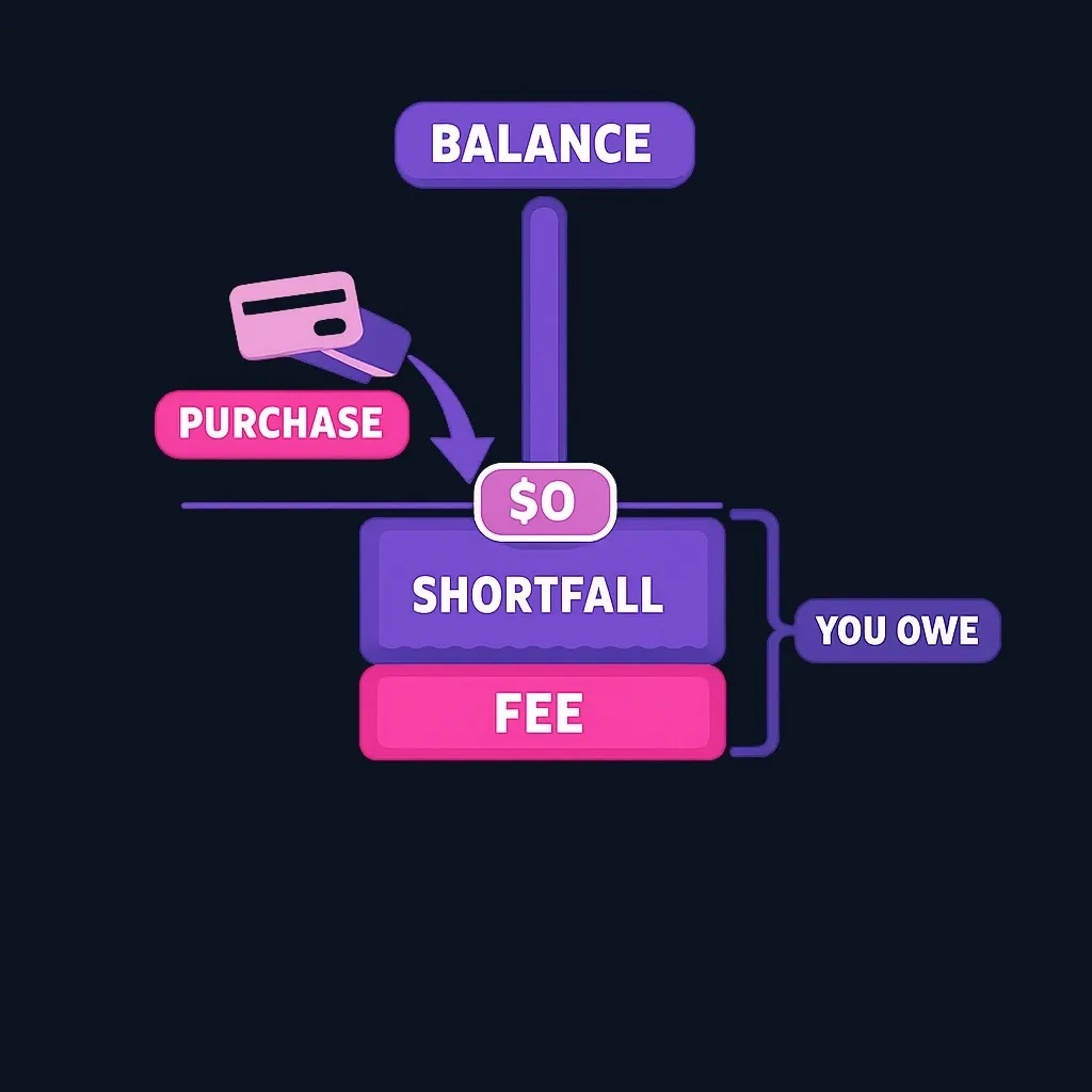 Diagram of a balance bar starting positive, a purchase pushing it below zero, and a fee added on top of the shortfall.