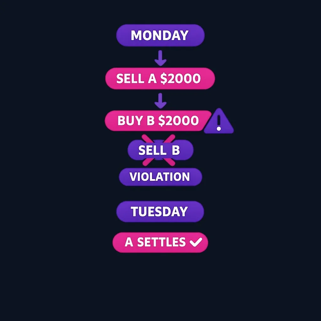 Step-by-step timeline showing how selling too quickly after buying with unsettled funds triggers a good faith violation