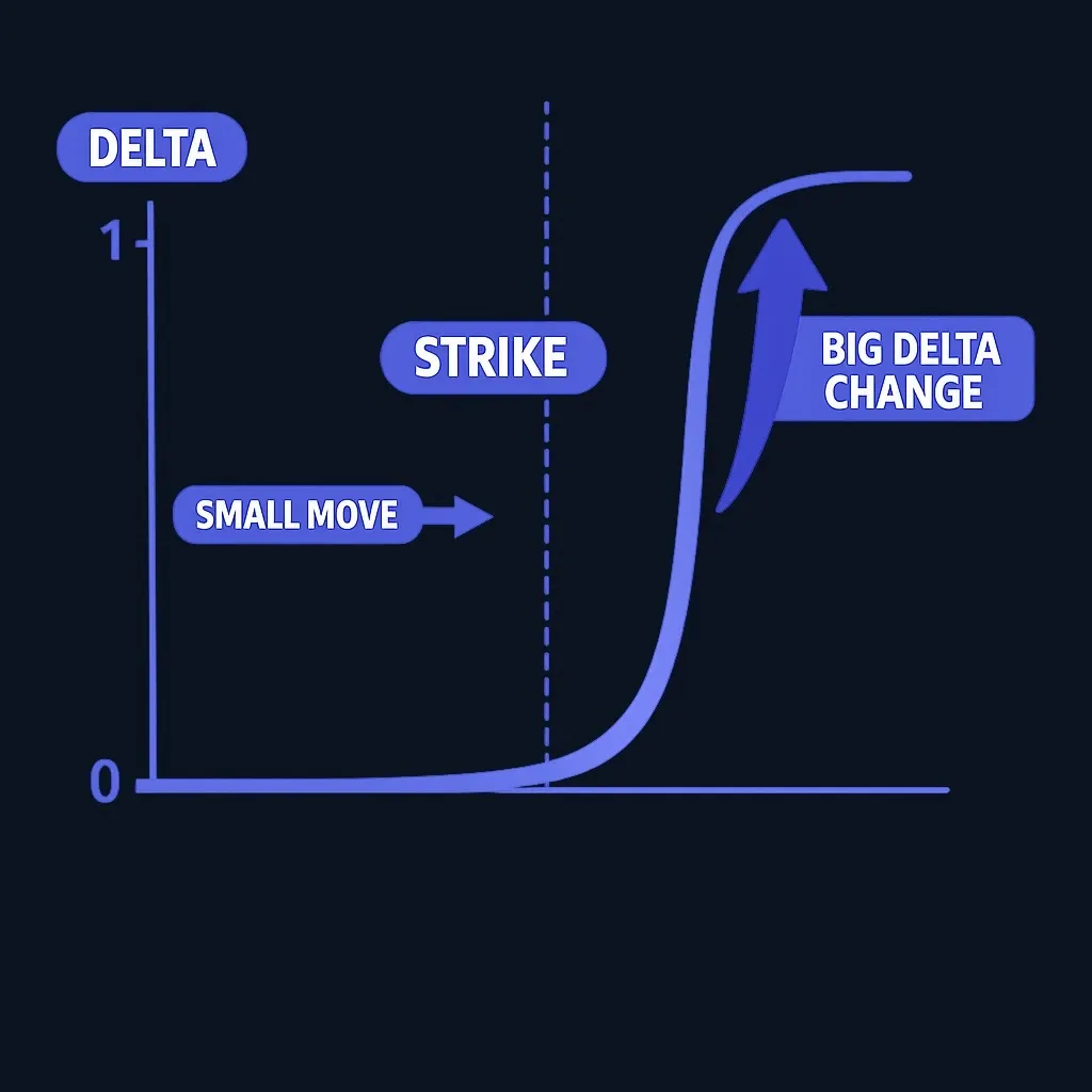 Illustration of gamma effect showing option delta flipping rapidly near strike price on expiration day