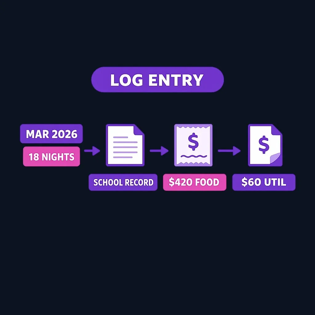 Example custody log entry showing date range, nights, proof, and expenses for documentation