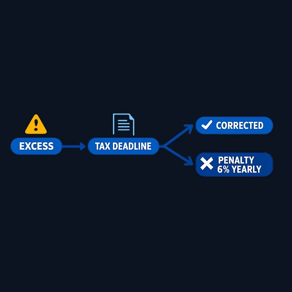Timeline showing deadline to correct excess IRA contributions and avoid ongoing penalties