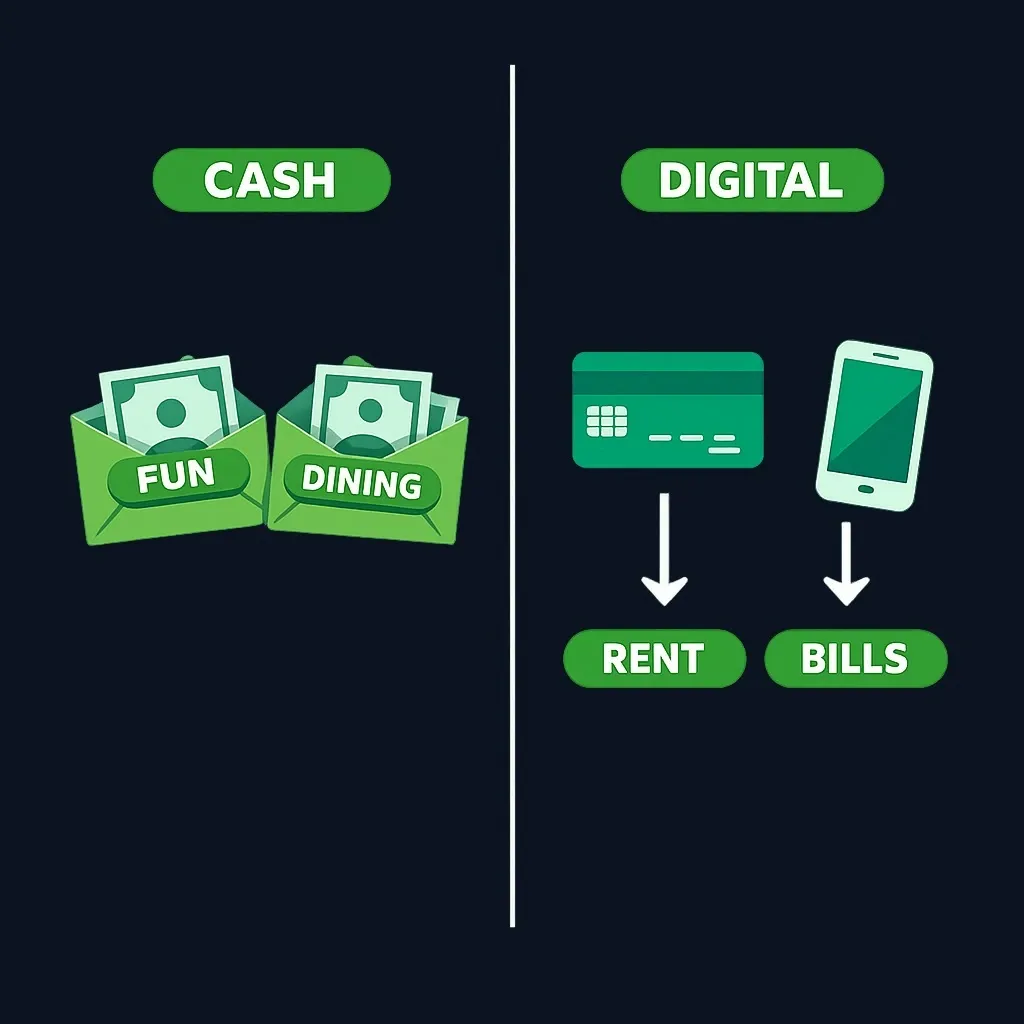 Split diagram with cash envelopes on one side and a bank card with automatic bills on the other