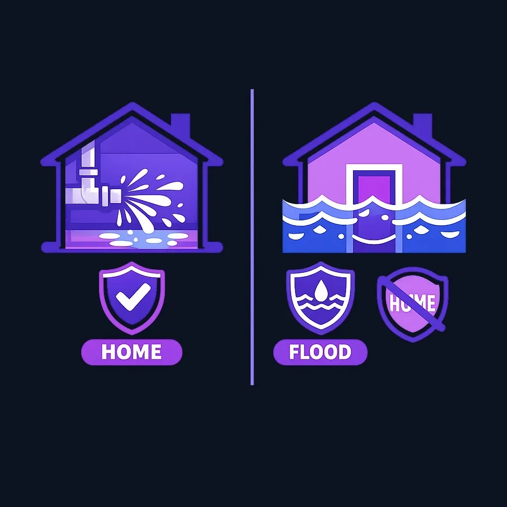 Two houses side by side: one with a burst pipe inside, the other with floodwater rising from outside.