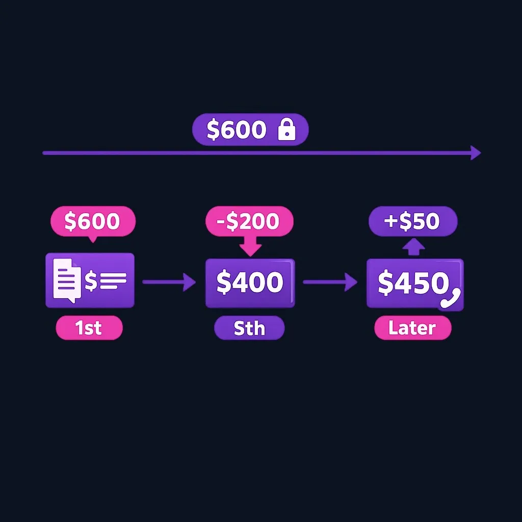 Timeline showing the statement balance fixed at $600 while the current balance moves to $400 and then $450
