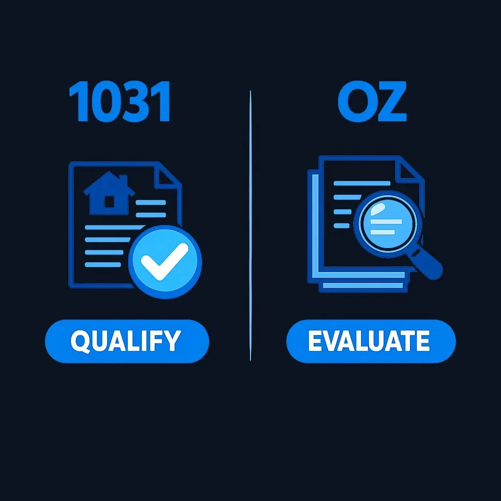 Side-by-side comparison of 1031 transaction focus versus Opportunity Zone investment focus