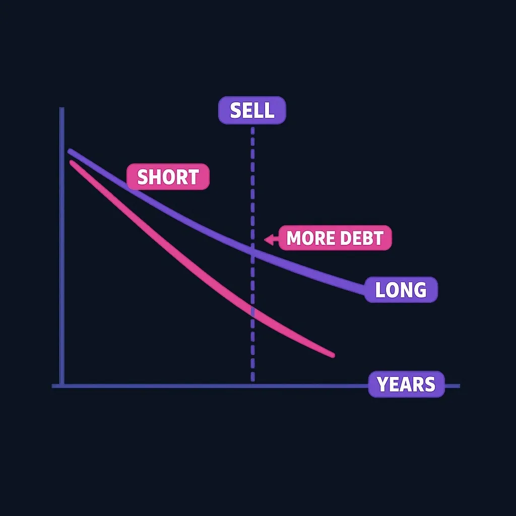 Line chart showing two remaining-balance curves over time, with the longer-term loan leaving more debt at a marked future date