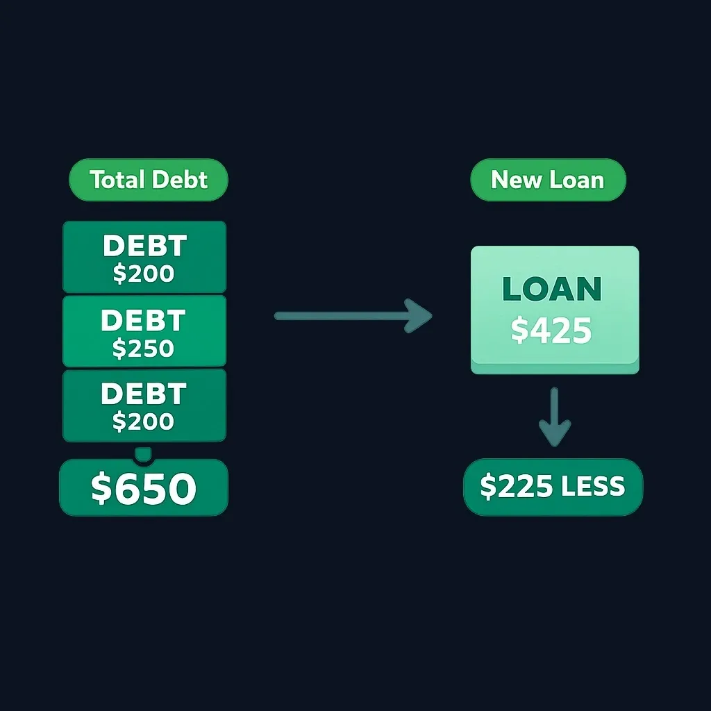 Diagram showing three debts totaling $650 monthly consolidating into one $425 payment