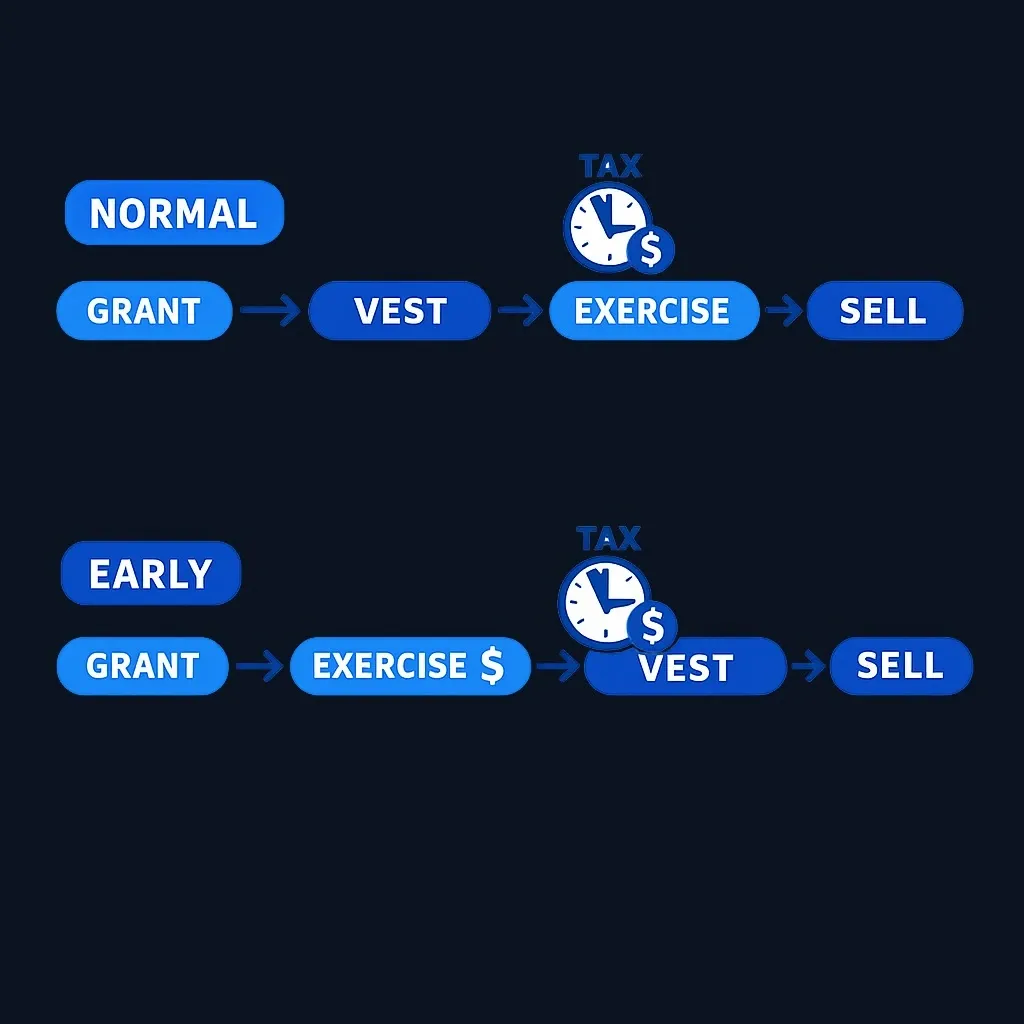 Diagram comparing normal exercise at vesting versus early exercise before vesting, showing ownership and tax clock start points