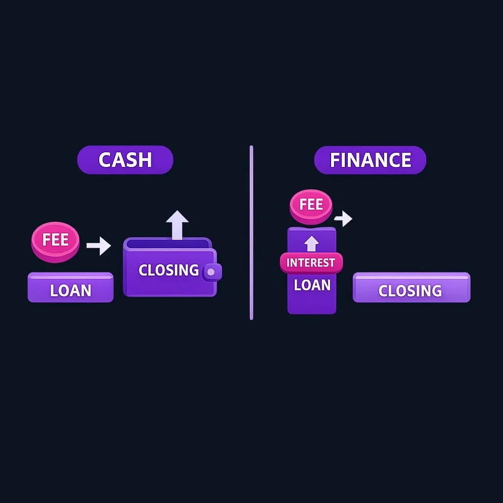 Split diagram comparing paying an upfront fee in cash, which raises closing cash, versus financing it, which raises the loan balance