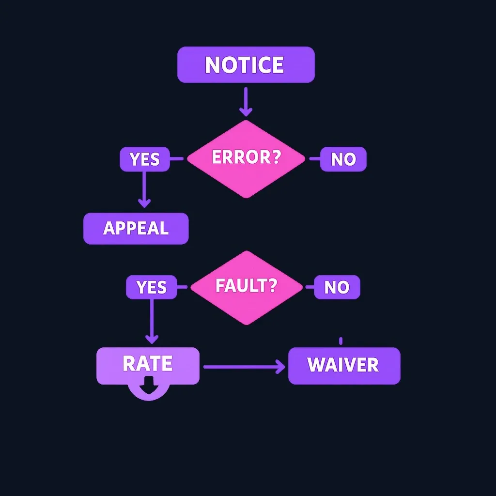 Decision flowchart leading from an overpayment notice to appeal, waiver, or a lower repayment rate