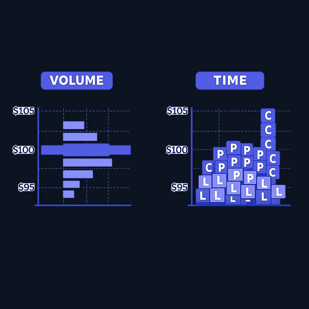 Side-by-side diagrams of Volume Profile with volume bars and Market Profile with TPO blocks at price levels