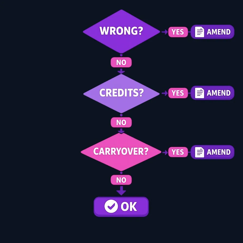 Flowchart of three yes-or-no questions leading to amend or no action