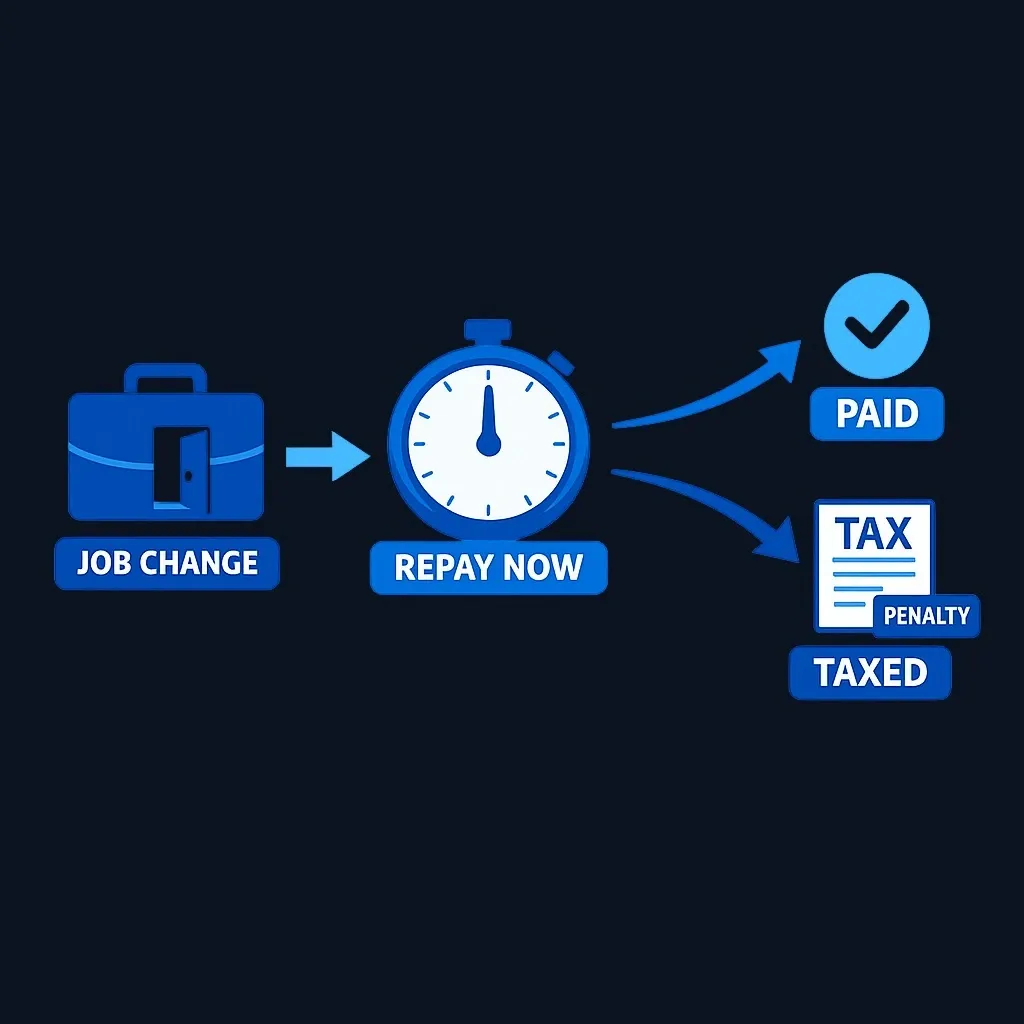 Flow diagram showing a job change leading to accelerated repayment and, if unpaid, a taxable distribution.