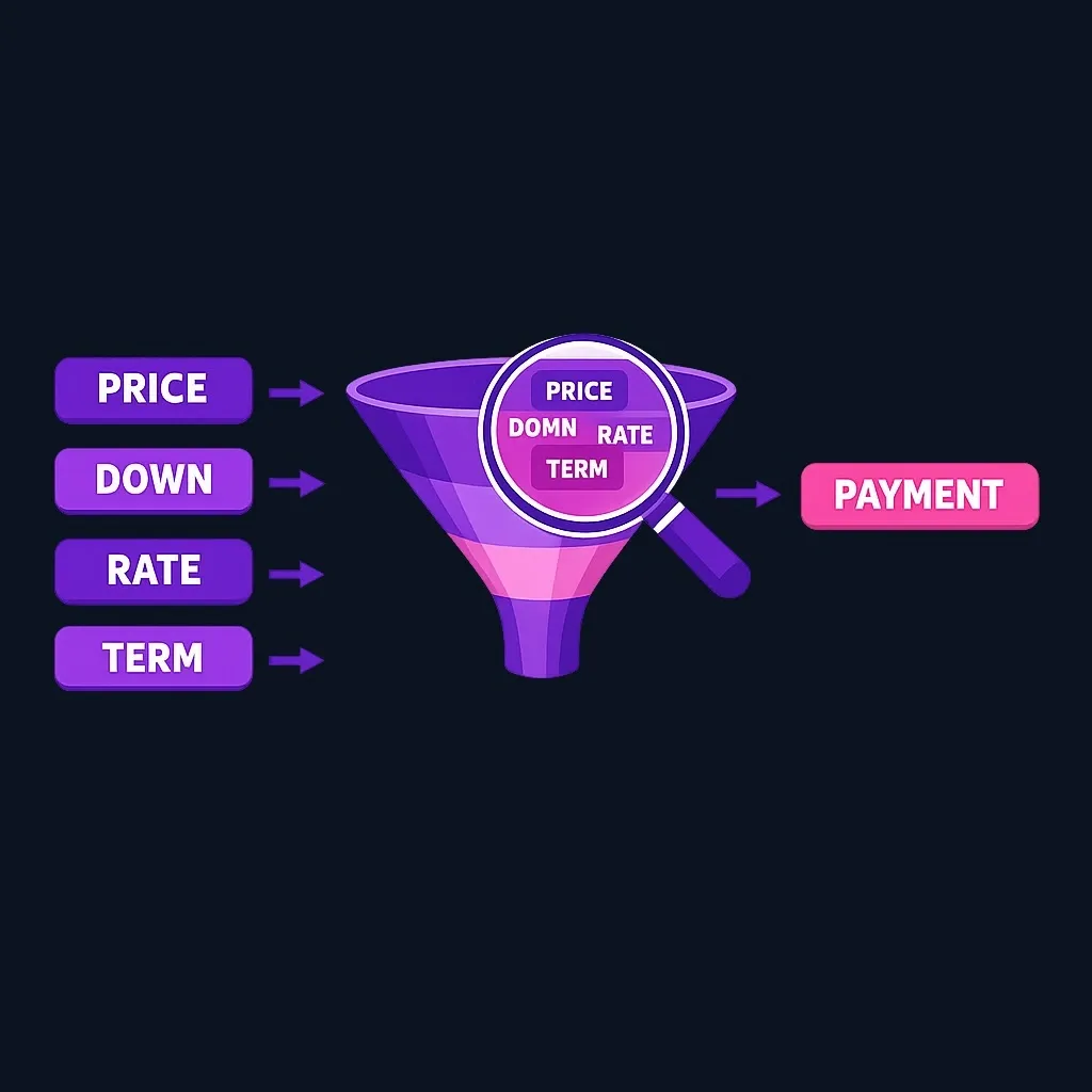 Four inputs, price, down payment, rate, and term, feeding into one monthly payment box.