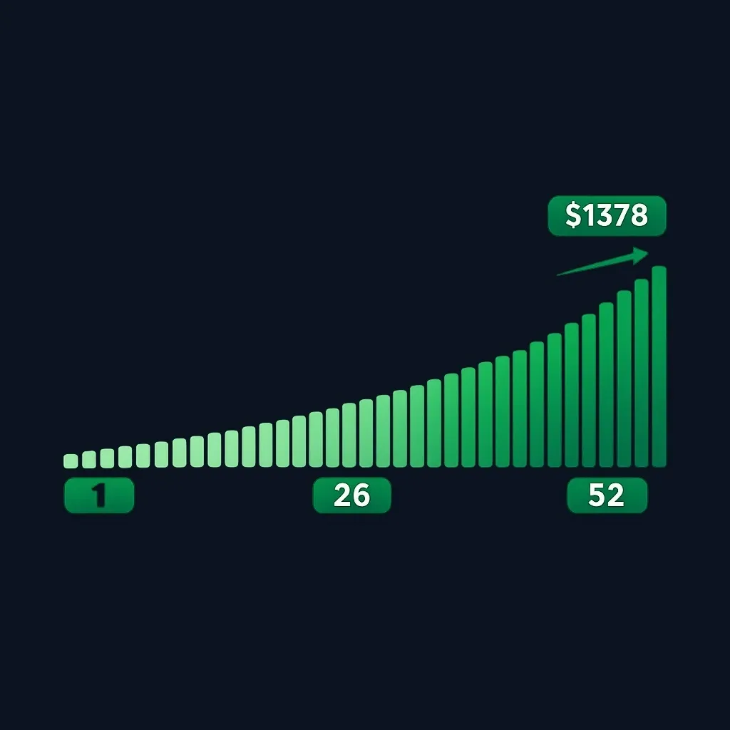 Diagram showing weekly deposit progression from $1 to $52 summing to $1,378