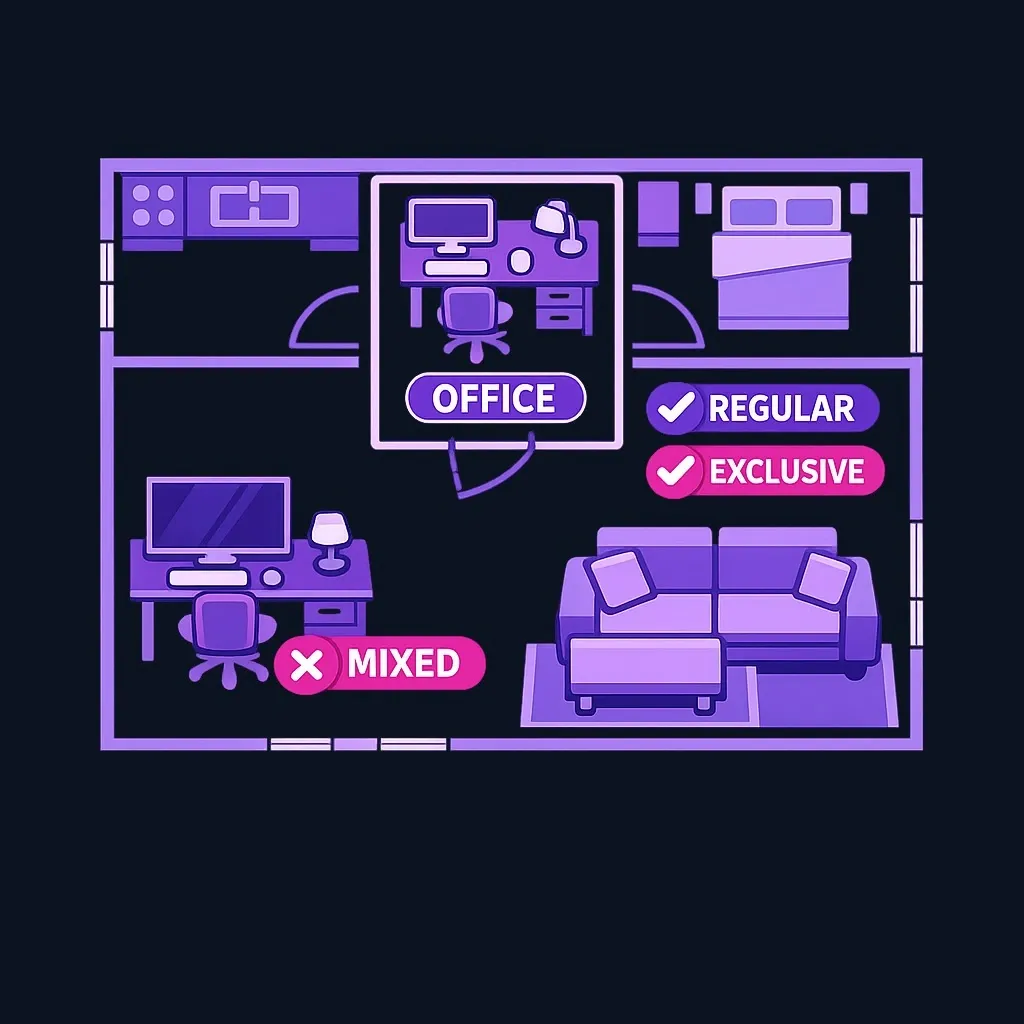 House floor plan with one room marked as office and checklist marks for regular and exclusive use