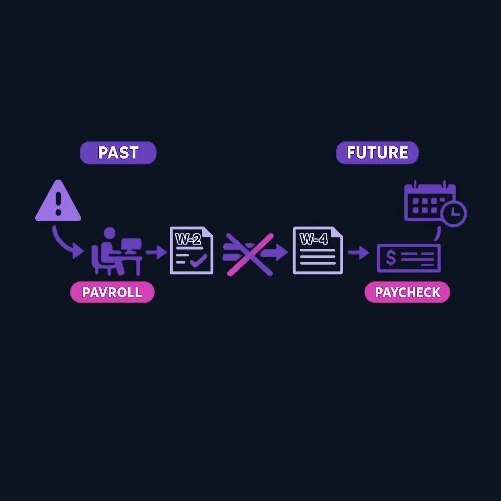 Two paths: a past wage problem goes to payroll for a corrected W-2, a future withholding change goes to a new W-4