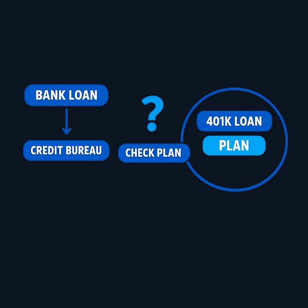 Comparison showing 401(k) loans as internal arrangements versus traditional loans reported to credit bureaus