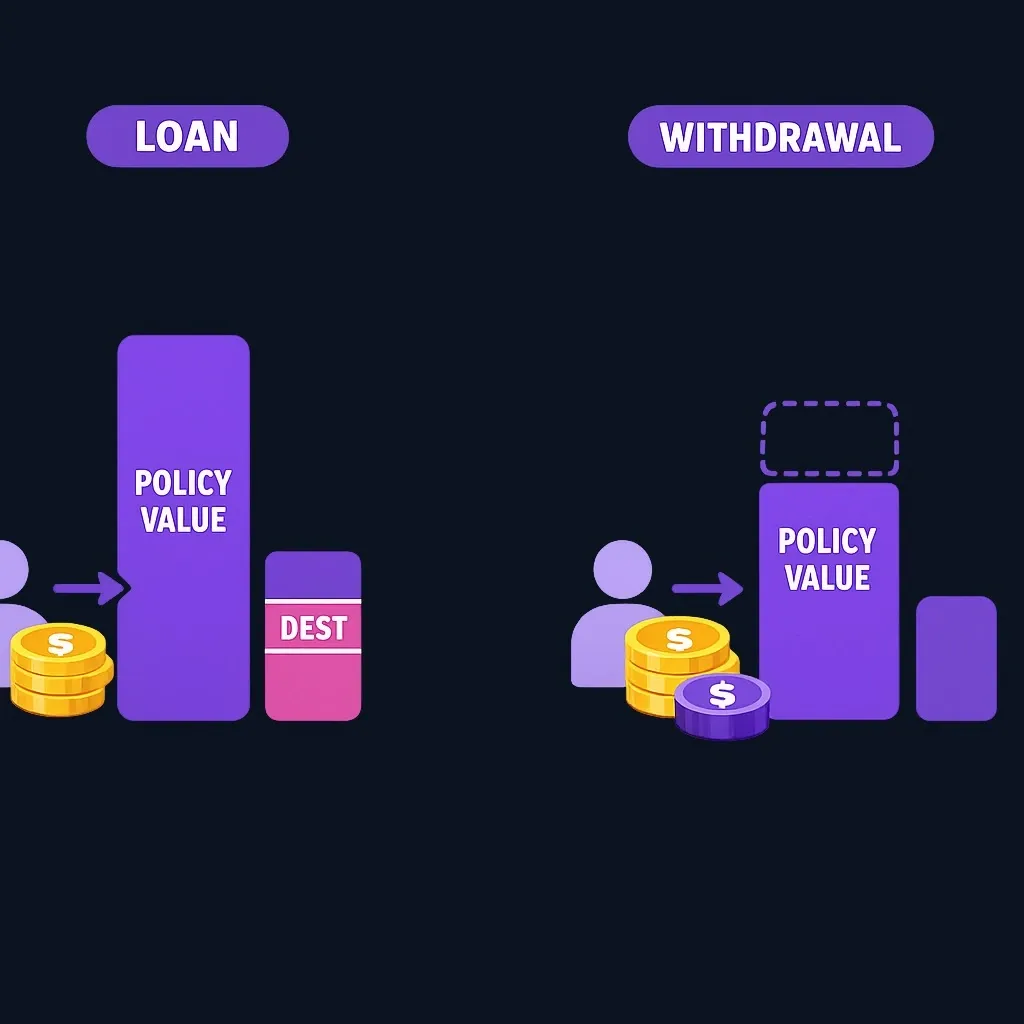 Side-by-side diagram comparing a policy loan, which creates a debt balance, with a withdrawal, which shrinks the cash value.