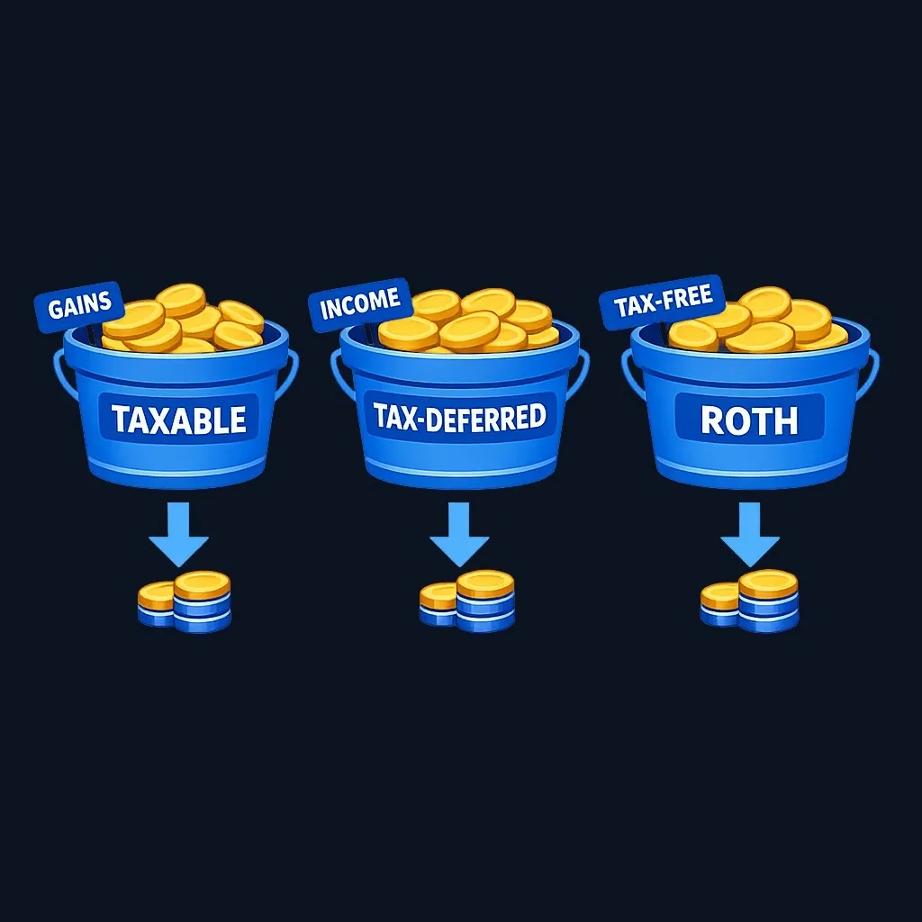 Diagram showing three account buckets and their withdrawal tax characteristics