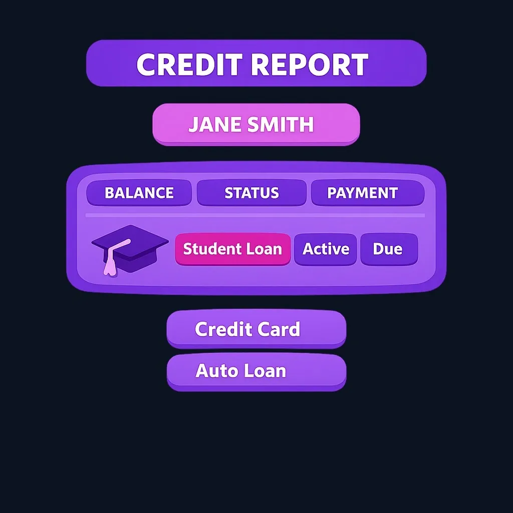 Simplified credit report showing student loan account entries with payment history