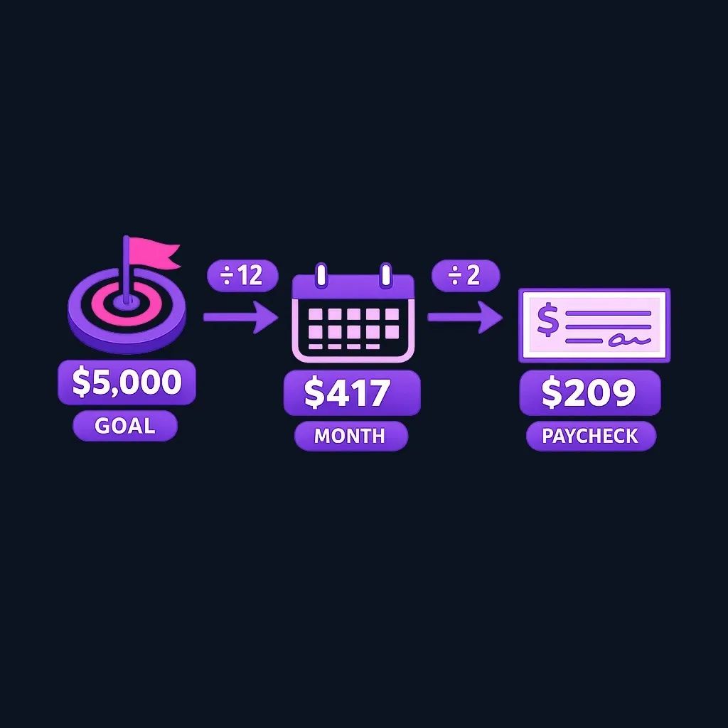 Step diagram converting a $5,000 goal into about $417 per month and about $209 per paycheck