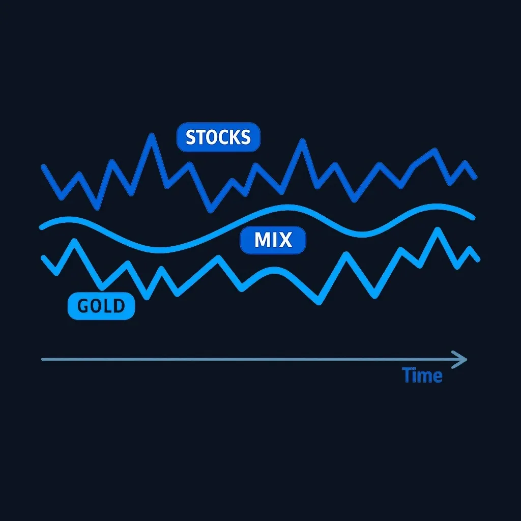 Line chart showing stocks and gold moving differently, with a smoother combined portfolio line