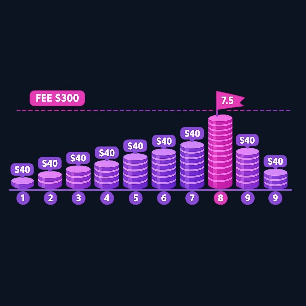 Timeline showing $40 monthly savings accumulating until they cover a $300 fee at about 7.5 months