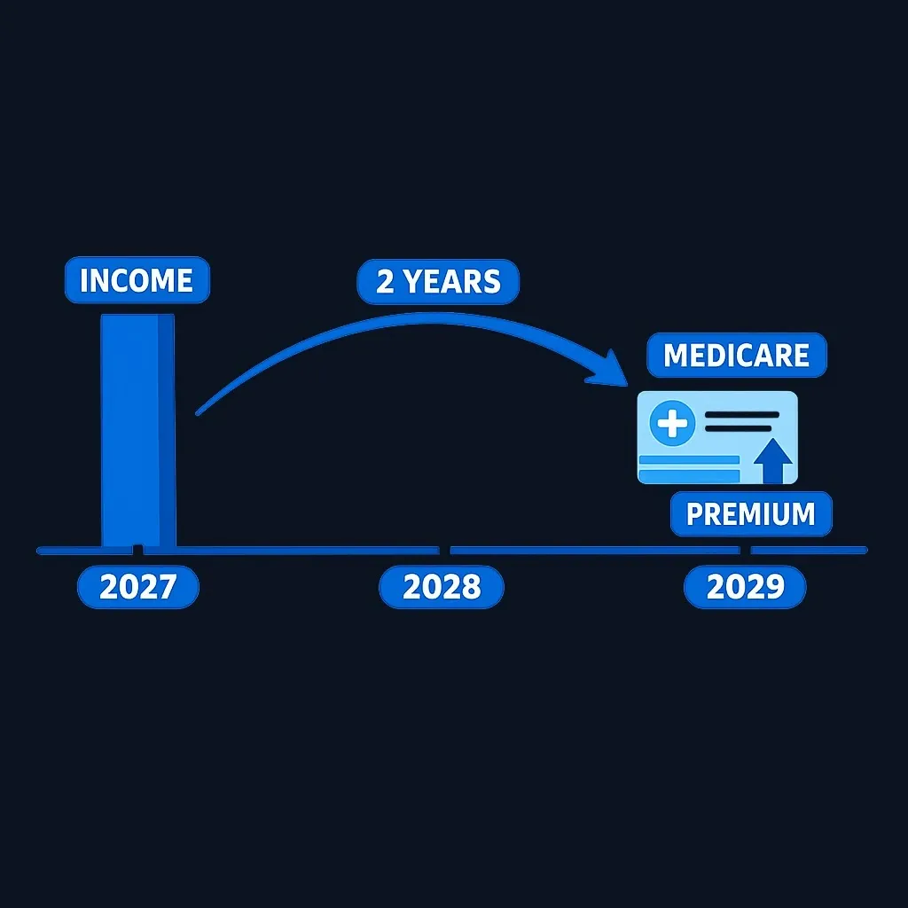 Timeline showing that income from one year affects Medicare premiums two years later